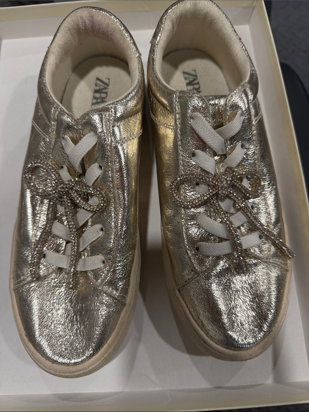 Zara Metallic Gold Sneakers with Crystal-Embellished Laces